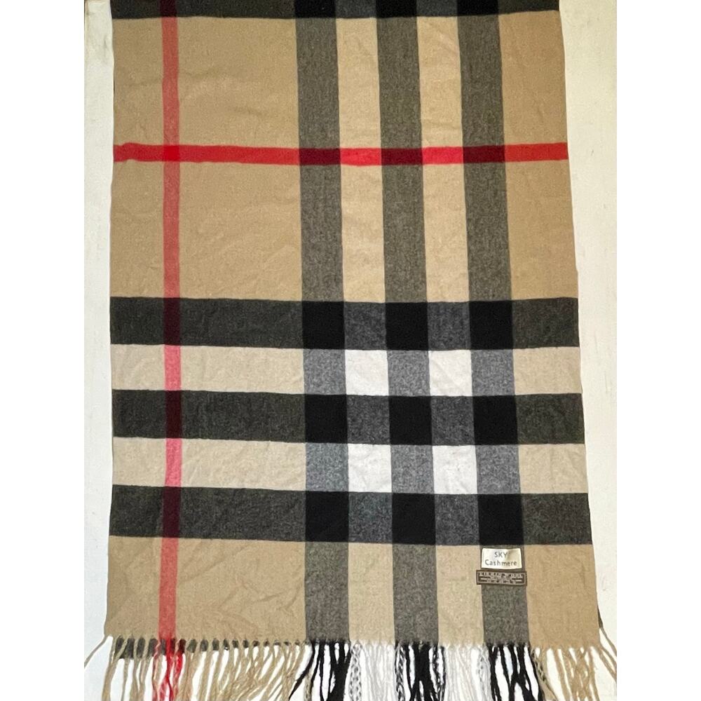 NWOT 100% Cashmere Scarf Black Tan Red White Plaid Fringe Soft Fall Layer